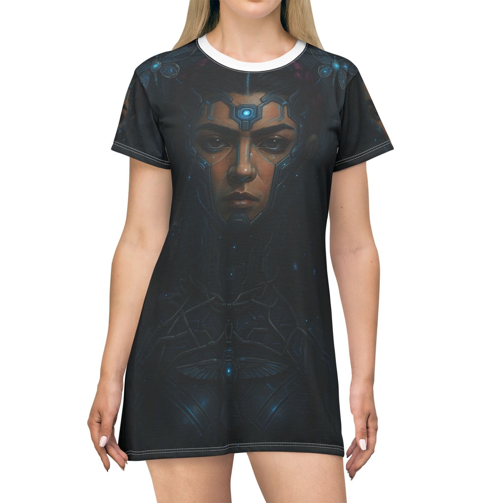Futuristic Art T-Shirt Dress | Unique Graphic Dress for Casual Wear, Festival Outfit, Gift for Her, Cyberpunk Fashion, AOP Dress