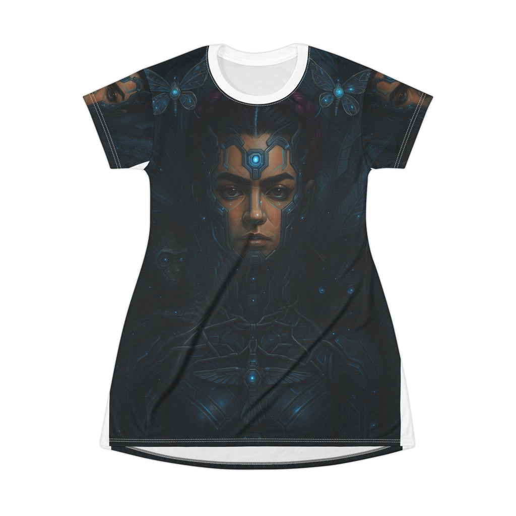 Futuristic Art T-Shirt Dress | Unique Graphic Dress for Casual Wear, Festival Outfit, Gift for Her, Cyberpunk Fashion, AOP Dress
