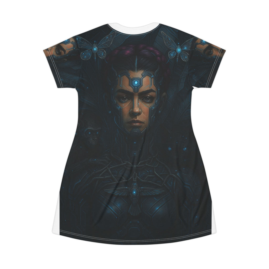 Futuristic Art T-Shirt Dress | Unique Graphic Dress for Casual Wear, Festival Outfit, Gift for Her, Cyberpunk Fashion, AOP Dress