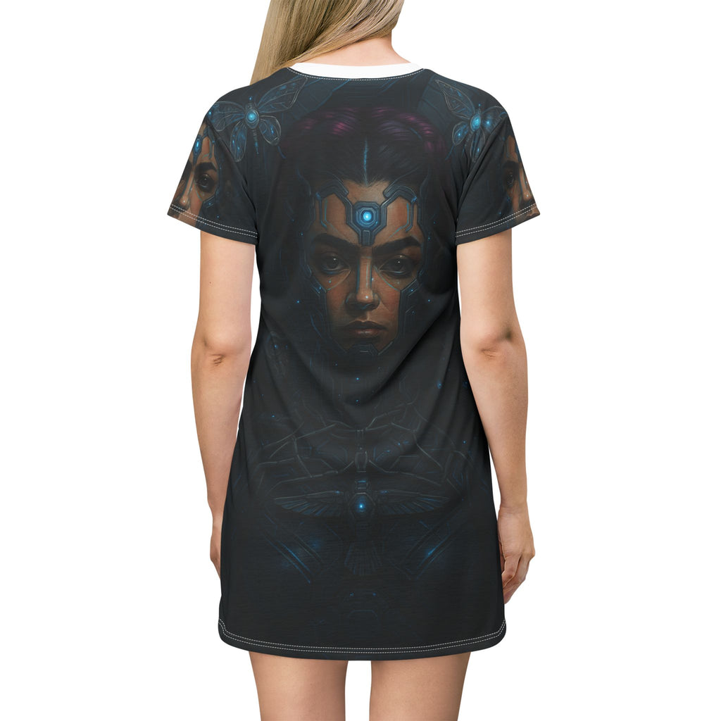 Futuristic Art T-Shirt Dress | Unique Graphic Dress for Casual Wear, Festival Outfit, Gift for Her, Cyberpunk Fashion, AOP Dress